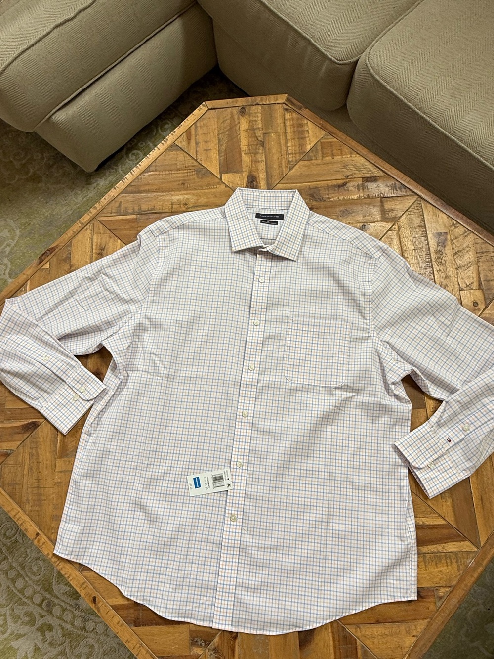 Tommy Hilfiger Men's Light Blue Micro Check Dress Shirt 17.5 34/35